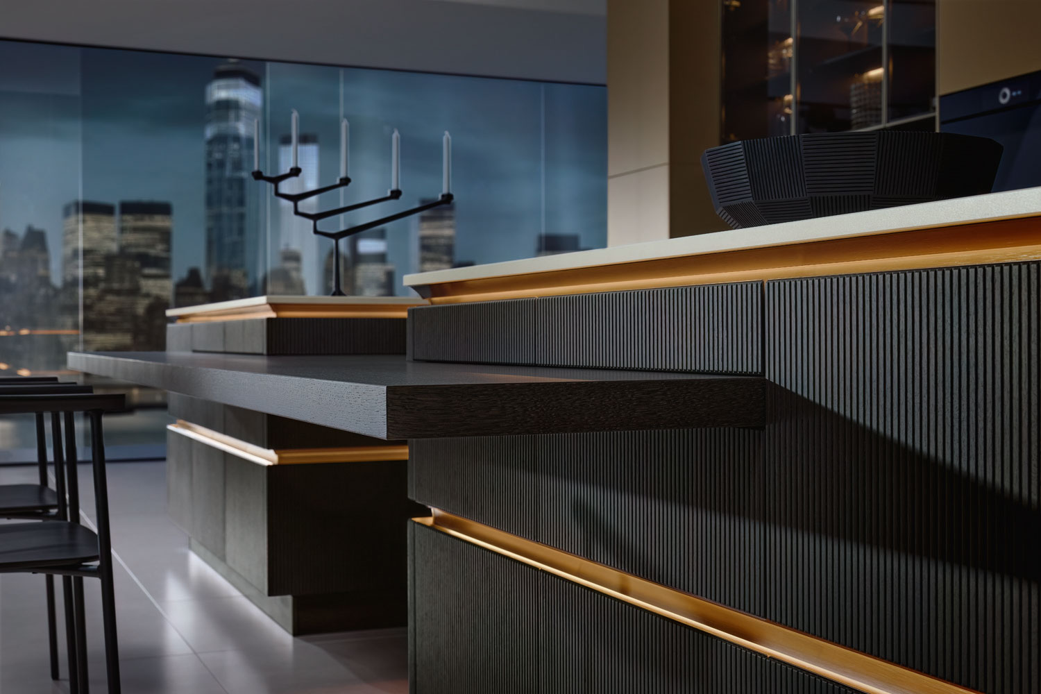 Dark i-luminate design kitchen with ambient lighting, kitchen island with illuminated handle bars