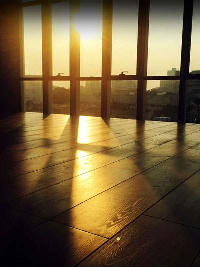 Abendsonne kommt ins Fenster hinein und verzaubert den Wohnraum in eine tolle Atmosphäre.