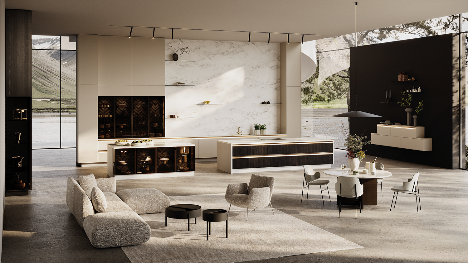 i-luminate Designküche in Bernstein mit Furnierfront und moderner Küchenbeleuchtung im Wohnloft