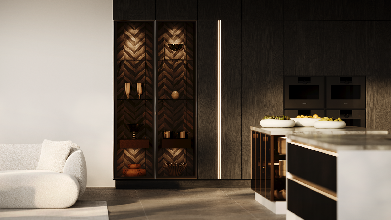i-luminate moderne Designküche in Bernstein mit Vitrine Showcase und stimmungsvoller Küchenbeleuchtung