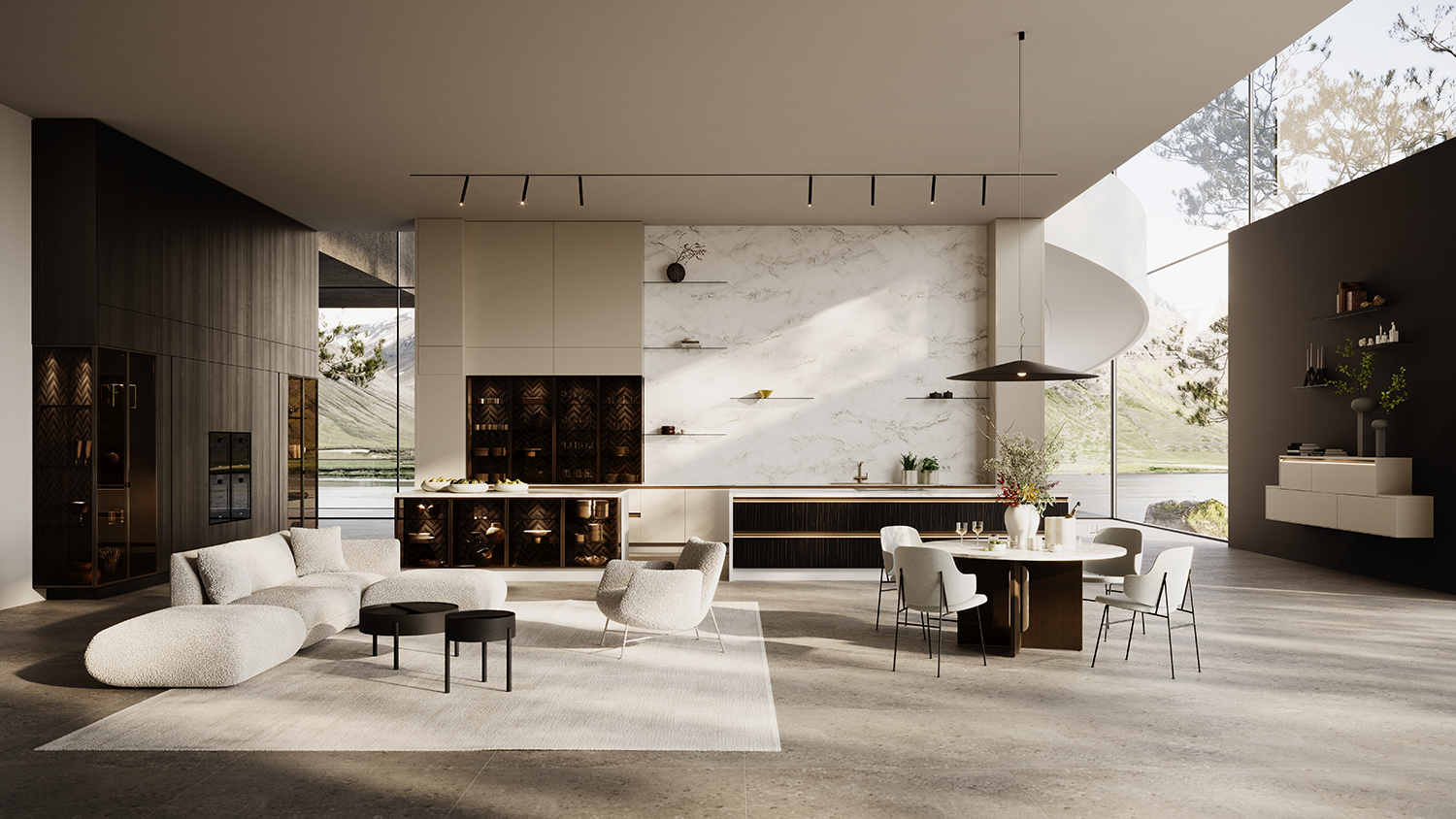 i-luminate moderne Designküche in Bernstein für offenes Wohnen mit exklusiver Küchenbeleuchtung