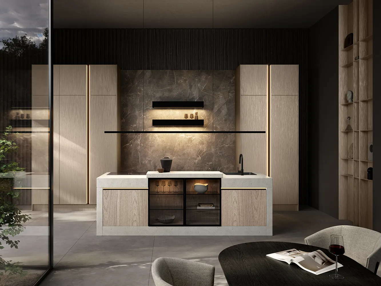 Moderne i-luminate Designküche mit heller Kücheninsel, dunkler Rückwand und integrierter Beleuchtung